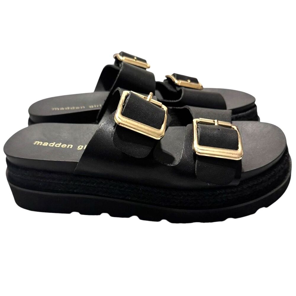 Madden Girl Black Double Buckle Platform Slide Sandals Size 9 NWOT Chunky Summer